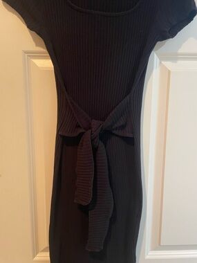 Topshop Black Ribbed Midi Dress with Waist Tie